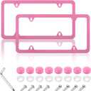 2PCS Colorful Car License Plate Frames with Gaskets Screws & Caps,Stainless Steel 4 Holes License Plate Holder Fits U.S. Standard,Universal Car Accessories Car Tag Frame (Pink)