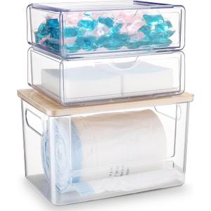 3Pcs Extra Large Laundry Room Organization and Storage, Stackable Storage Drawers, Trash Bag Holder Under Sink, Garbage Bag Dispenser Roll Holder for Vanity, Bathroom,Cabinet,Desk Organization