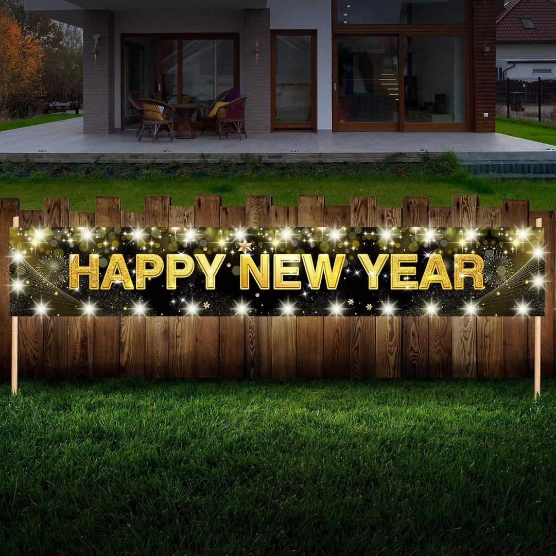 Large Happy New Year Yard Sign with LED Lights for Christmas Decorations - 118 x 19.6 Inch Black and Gold Banner with Clear Clips for Xmas New Years Eve Party Supplies