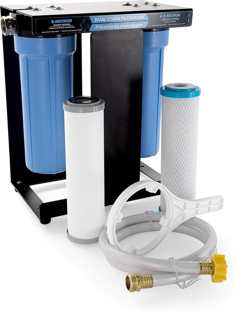 Camco EVO X2 Dual Stage Camper/RV Water Filter Kit - 2 Stage Filtration w/KDF & GAC - Filters Out Bad Taste, Odors, Lead, Bacteria & More - Replaceable Filters - (40639)