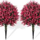 Artificial Eucalyptus Topiary Ball Trees (Set of 2) 24" Tall UV-Resistant Fake Evergreen Shrubs with Ground Spike for Outdoor Planters, Porch, Garden & Indoor Decor (Rose Red)