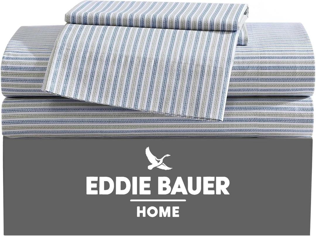 Eddie Bauer - Twin Sheets, Cotton Percale Bedding Set, Crisp & Cool Home Decor (Ticking Stripe Navy/Green, Twin)