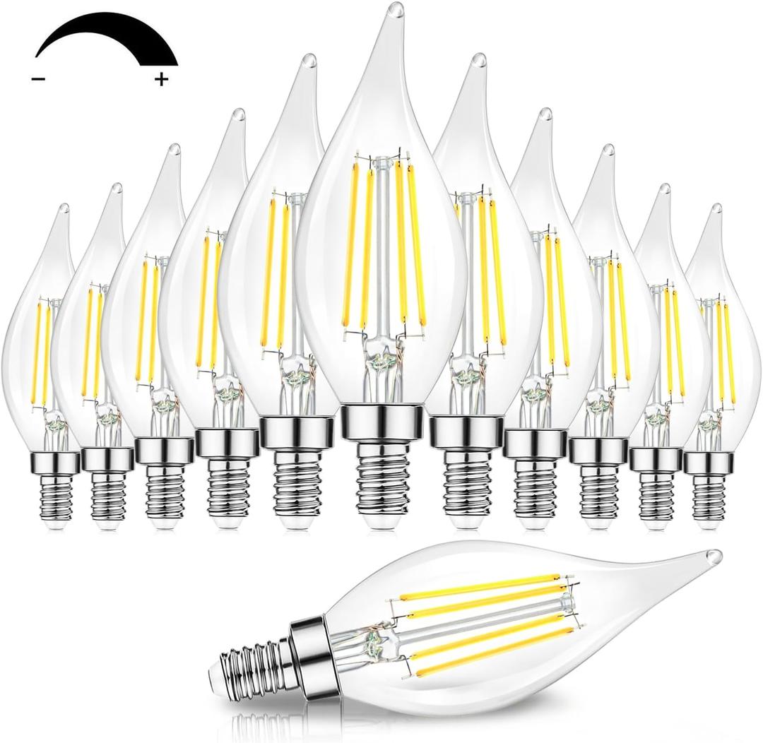 TOBUSA Dimmable E12 Candelabra LED Bulbs 60 Watt Incandescent Equivalent, 5000K Daylight White, Clear Filament Chandelier Light Bulbs 6W, 600lm, CA11 Vintage Ceiling Fan Light Bulbs with Flame Tip