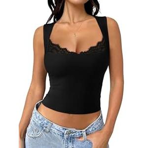 REORIA Women Summer lace Square Neck Sleeveless Tops Going Out Sexy Trendy Cropped Tank Shirts Top Black, Small