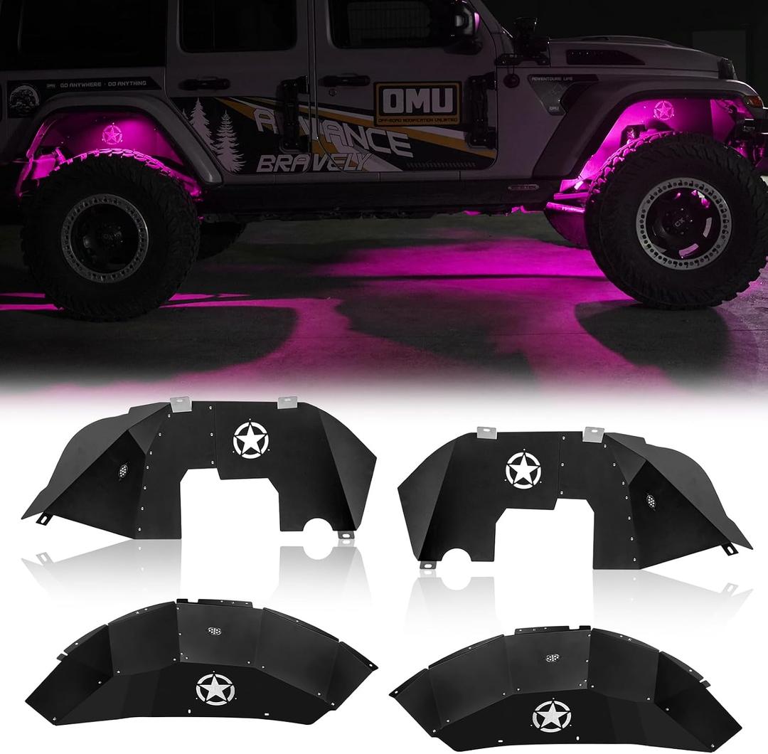 Front and Rear Inner Fender Liners Kit with LED Neon Light for 2018-2026 Jeep Wrangler JL JLU 2/4 Doors Five Star Logo