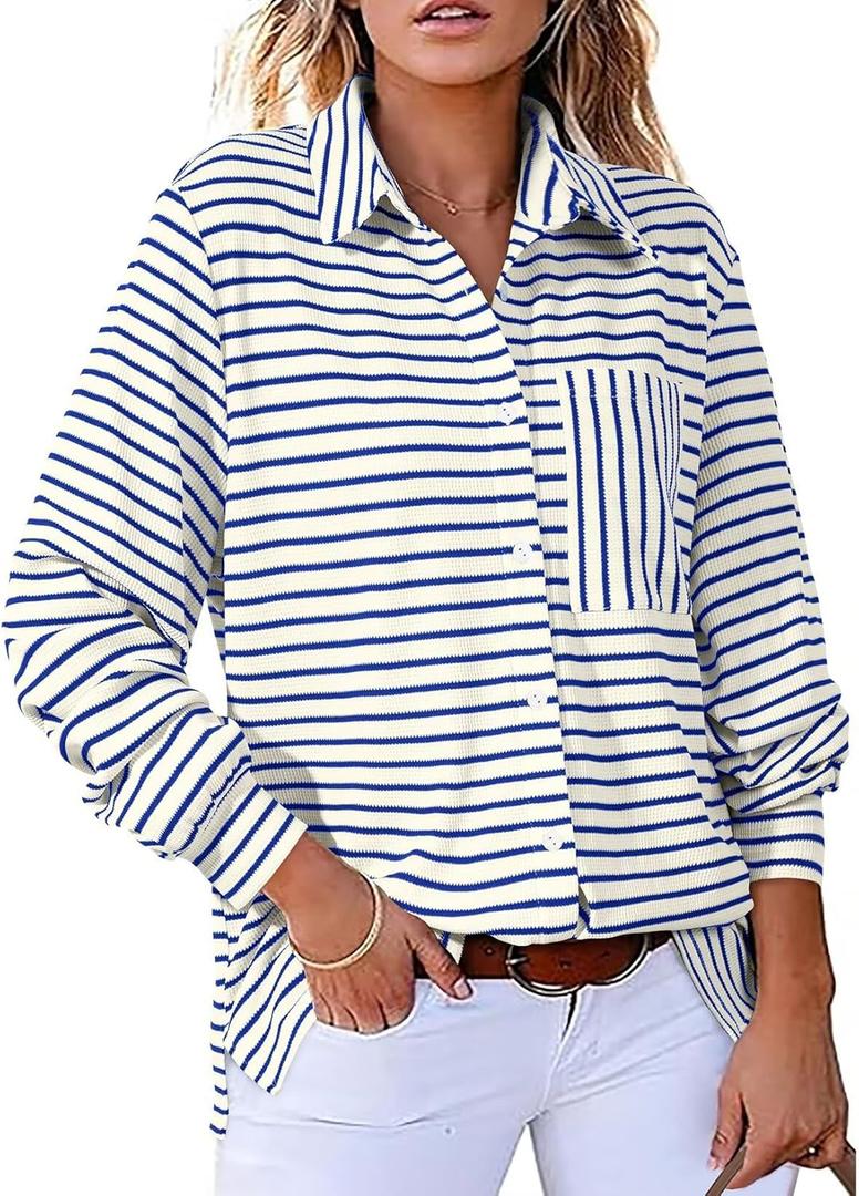 Astylish Women's 2025 Oversized Long Sleeve Shirts Button Up Striped Collared Front Pocket Top (Blue)