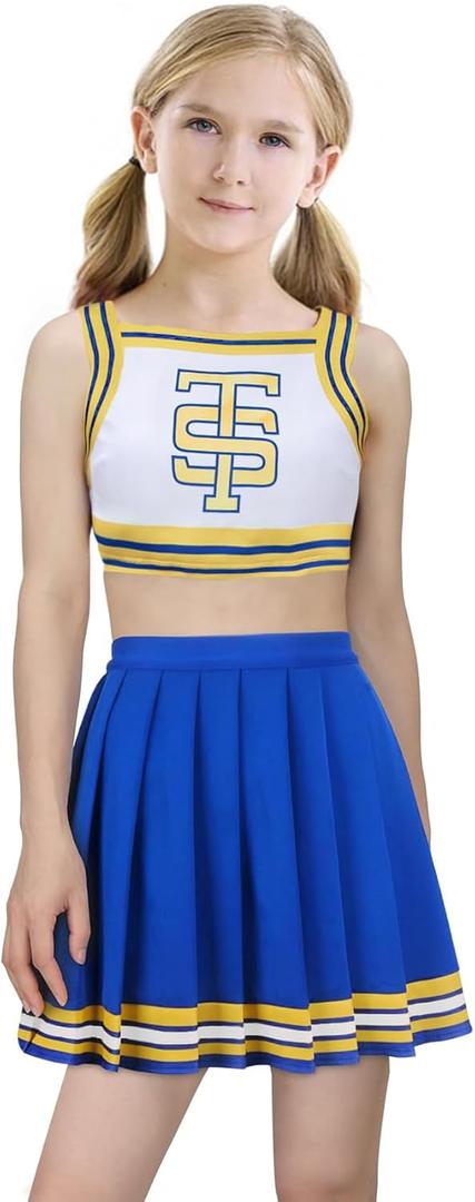 Yruiz Girls Halloween Cheerleader Costume Uniform Crop Top with Skirt Outfit (3-4Y, Blue)