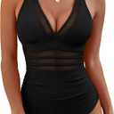 BMJL Women's Tummy Control Swimsuits Mesh Sexy One Piece Bathing Suits Slimming V Neck Swimwear, Size L