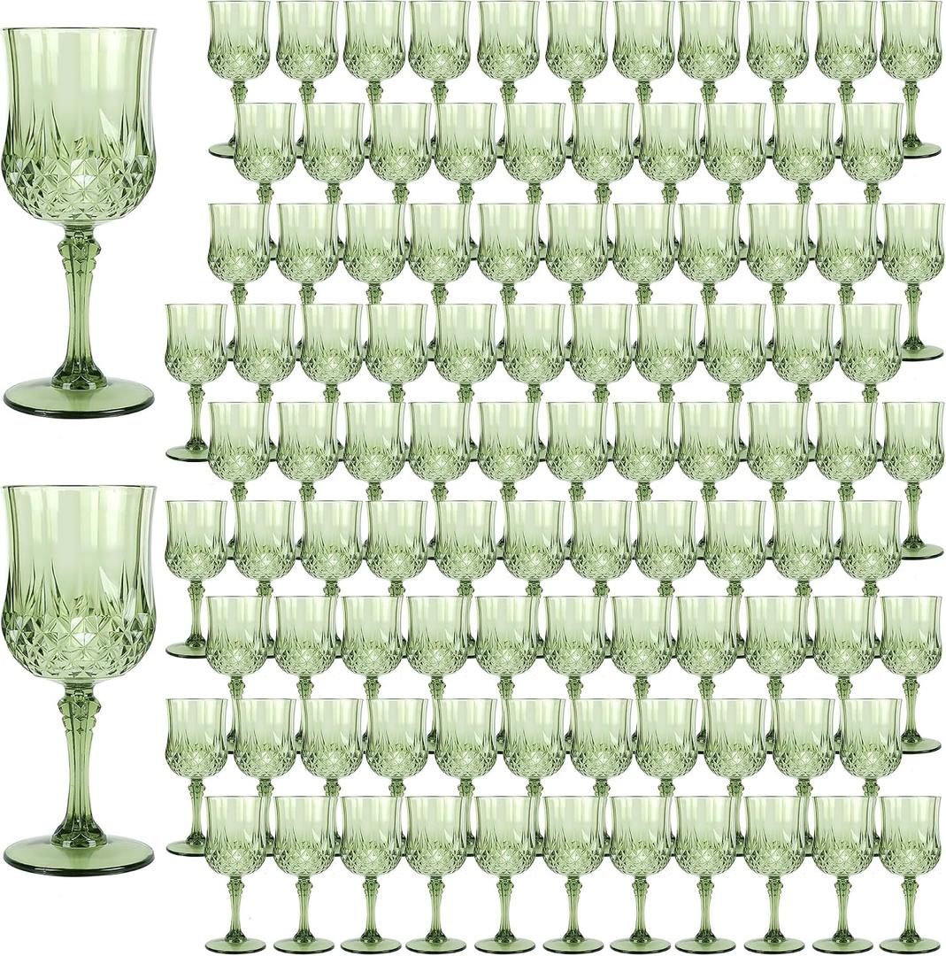 Plastic Wine Glasses, Plastic Goblets Vintage Style Cordial Unbreakable Drinking Glasses, Reusable Drinkware for Wedding Reception, Grand Event Party Supplies (100, New Green), 7oz