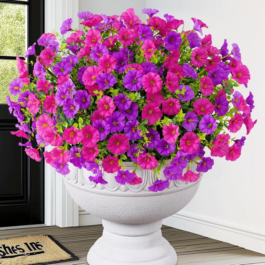 Artificial Flowers for Outdoors, 14 Bundles Fake Outdoor Flowers, UV Resistant Artificial Outdoor Plants & Flowers for Decoration, Colorful Morning Glory for Garden Porch Yard Patio, Purple & Fuchsia
