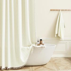 BTTN Extra Long Shower Curtain - 72x84 Long Boho Chic Striped Tassel Linen Fabric Shower Curtain Set with Hooks, Modern Farmhouse Cute Heavy Duty Cloth Shower Curtains for Bathroom - Ivory/Off White