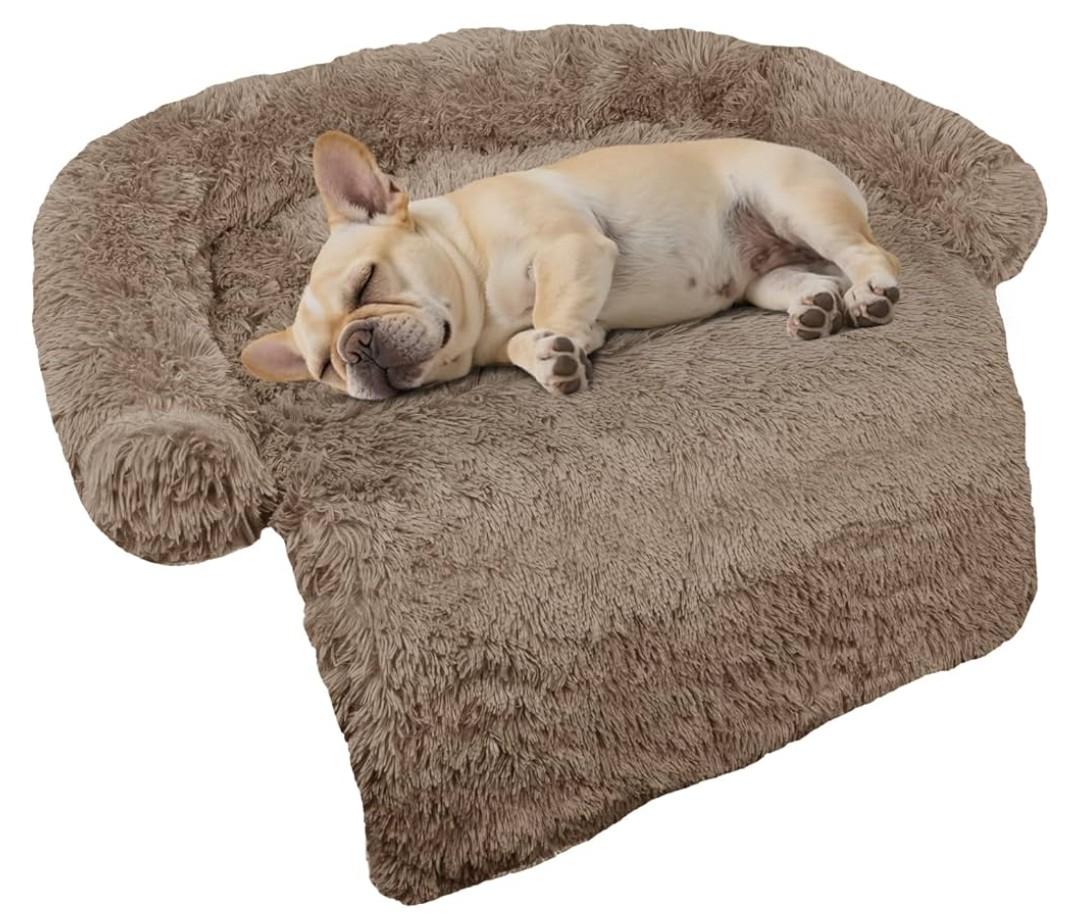 Calming Dog Bed Fluffy Plush Dog Mat for Furniture Protector with Removable Washable Cover for Large Medium Small Dogs and Cats (Small(35x31x5), Camel)