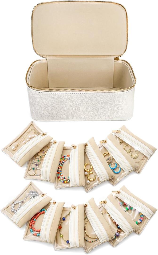 Hacaroa Large Travel Jewelry Case with 12 Velvet Pouches, 8.3 x 4.5 x 3.5 inches Jewelry Storage Organizer Box PU Leather, Clear Necklace Earrings Rings Bags for Women Wedding Gifts, Cream White