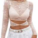Avidlove Womens Long Sleeve Mesh Top Mock Neck Sexy See Through Shirt Cut Out Floral Lace Tops（with Bra (Beige, L)