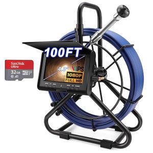 Sewer Camera w/DVR Function, 4.3" HD 1080P Screen Pipeline Inspection Camera, IP68 Waterproof Pipe Plumbing Snake Cam with 32GB Card, for Sewer Line, Home, Duct Drain Pipe Plumbing (30M/100FT)