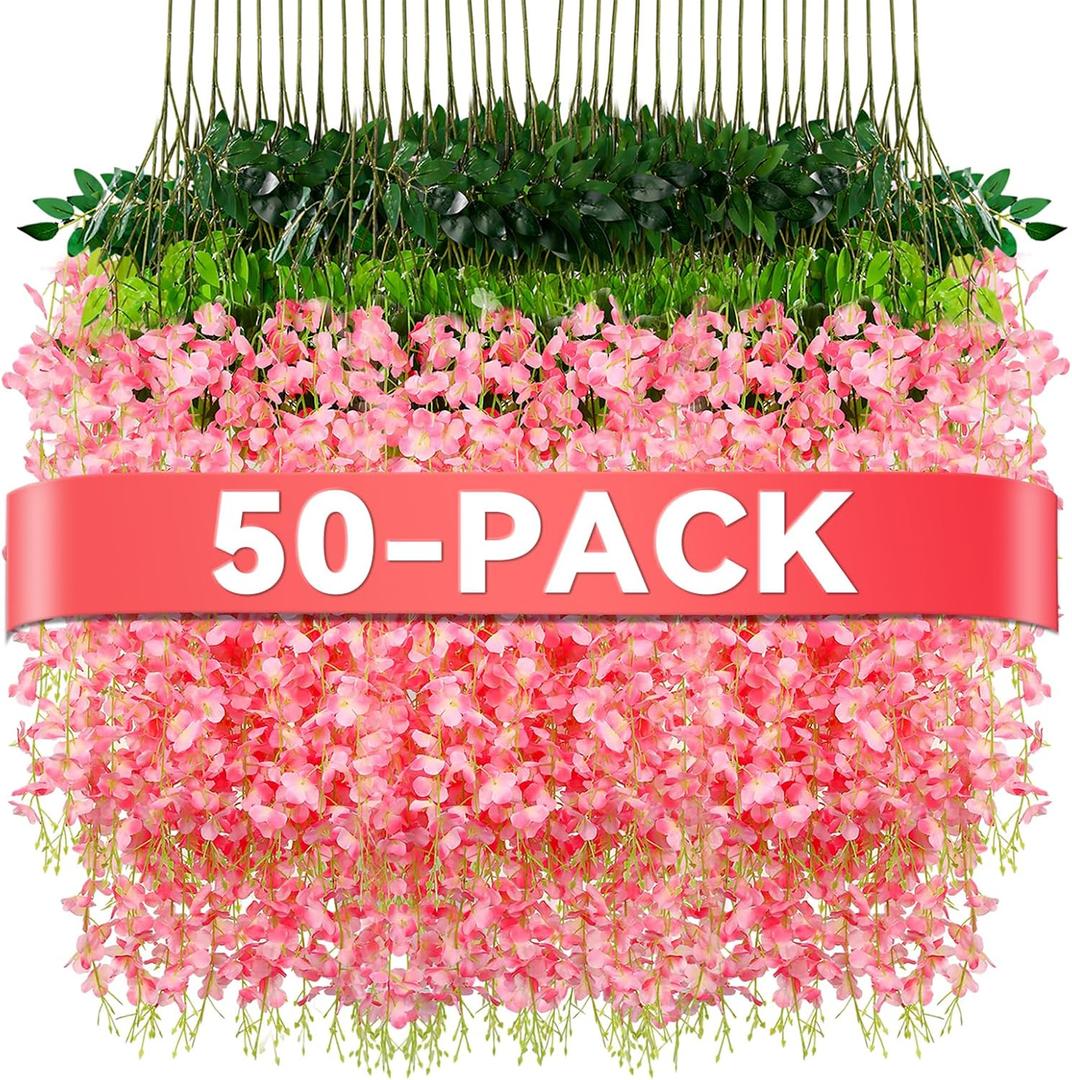 Alotiki Wisteria Hanging Flowers,50 Pack Fake Hanging Flowers,Wisteria Artificiales Garland for Home Wedding Arch Floral Party Garden Ceremony Outdoor Decor,3.6 Feet Long(50,Pink)
