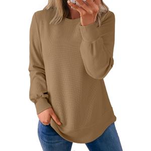 Dokotoo Women's Crew Neck Long Sleeve Shirts Waffle Knit Loose Tops Basic Tees 2026 Casual Comfy Fall Outfits Clothes (M)