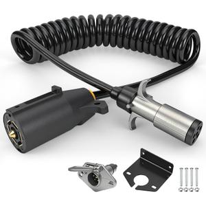7 Pin to 6 Pin Trailer Adapter  Coiled Trailer Cord (Stretches to 10ft)  7 Wire to 6 Wire Coiled Tow Cable with Female Socket & Mounting Bracket