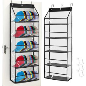 Clear Hat Storage Rack for Wall, Over Door Hat Organizer for Baseball Caps, Five-Ply Baseball Cap Organizer for Closet with 3 Hooks Hat Holder (Black)