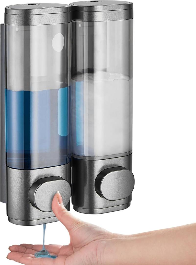 Shampoo and Conditioner Dispenser 2 Chamber No Drill, Shower Soap Pump Dispenser Wall Mounted, Body Wash Dispenser for Shower, Shower Gel Dispenser Shampoo Holder for Bathroom Accessories, Gungrey