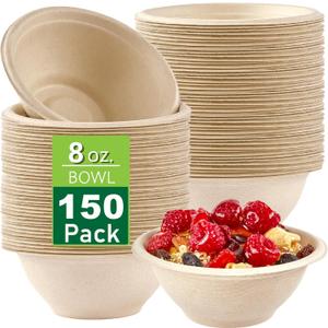Ocmoiy Bulk 150Pk. 8 OZ Paper Bowls Disposable Heavy Duty Small Compostable Food Bowls, Eco-friendly Sugarcane Bowl for Party Serving Treats, Microwave Safe for Hot or Cold Use