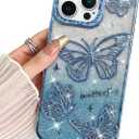 BITOBE Designed for iPhone 16 Pro Max, Cute 3D Butterfly Case Slim Plating Glitter Bling Luxury Cover for Women Girls Protective Camera Protection Bumper 6.9" Blue