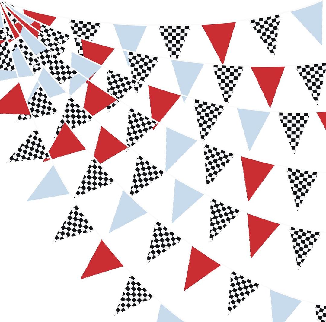 32Ft Racing Party Decorations Red Blue Black White Checkered Racing Car Fabric Banner Triangle Flag Pennant Garland Streamers for Kids Race Car Birthday Racetrack Baby Shower NASCAR Picnic Decor