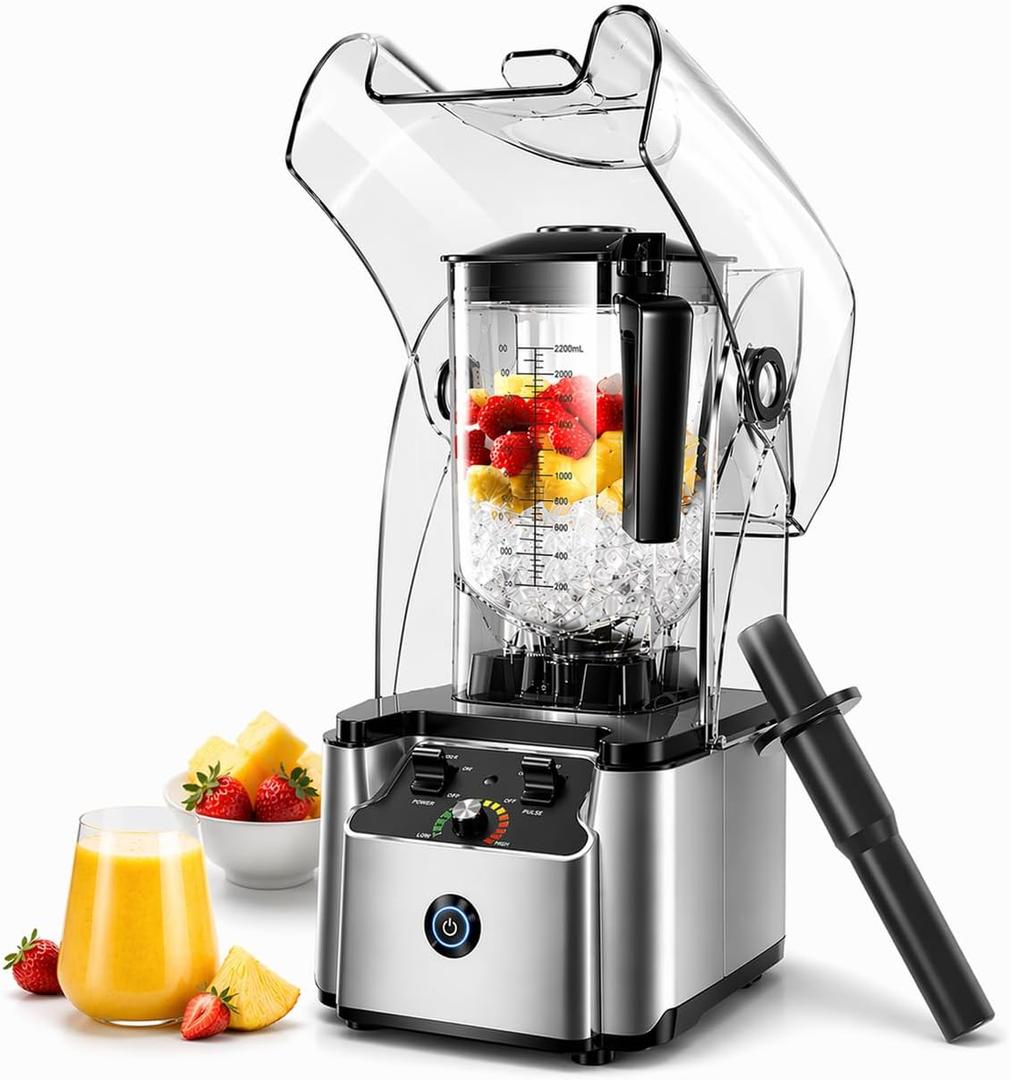 WantJoin Commercial Professional Blender With Shield Quiet Sound Enclosure 2200W Industries Strong and Quiet Professional-Grade Power, Self-Cleaning, Silver