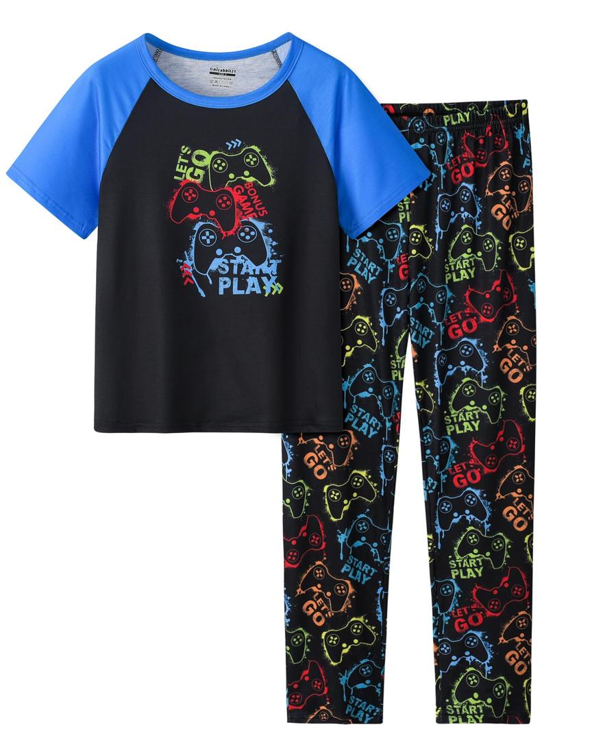 UNICABBIT21 Pajamas for Boys Cute Black Gamer Short Sleeve and Pants Sleepwear 2-pieces Big Kids Summer PJS Size 6
