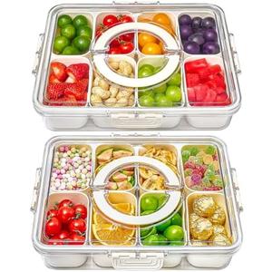 Mfacoy Snackle Box Container, 2 Pack Divided Serving Tray with Lid and Handle, Snack Box Charcuterie Container for Portable Snack Platters, Clear Organizer for Candy, Fruits, Travel, Party, Picnic