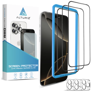 ALTURIZ 3-Pack Screen Protectors for iPhone 16 Pro Max [6.9 inch] + 3-Pack Camera Lens Protectors with Easy Installation Frame. 9H Hardness, No Bubbles, Case Friendly, Tempered Glass. [3+3 Pack]