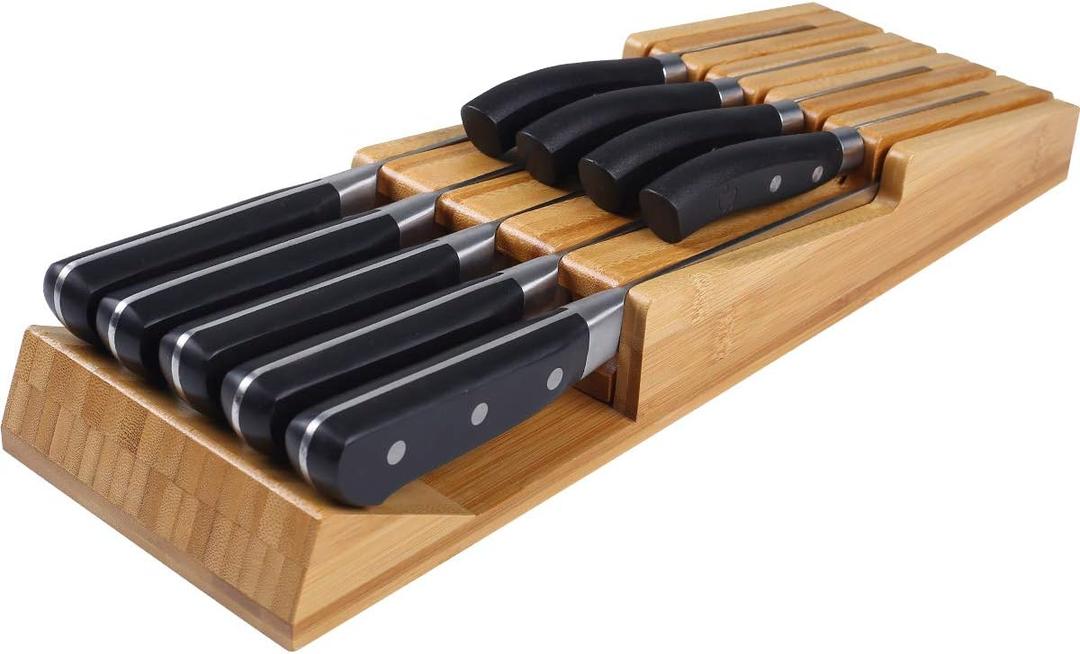 NIUXX Bamboo In-Drawer Knife Block Set for 9 Knives(Not Included), Large Kitchen Detachable Washable Cutlery Slot Organizer Storage Holder for Sharpening Steel and Cutter