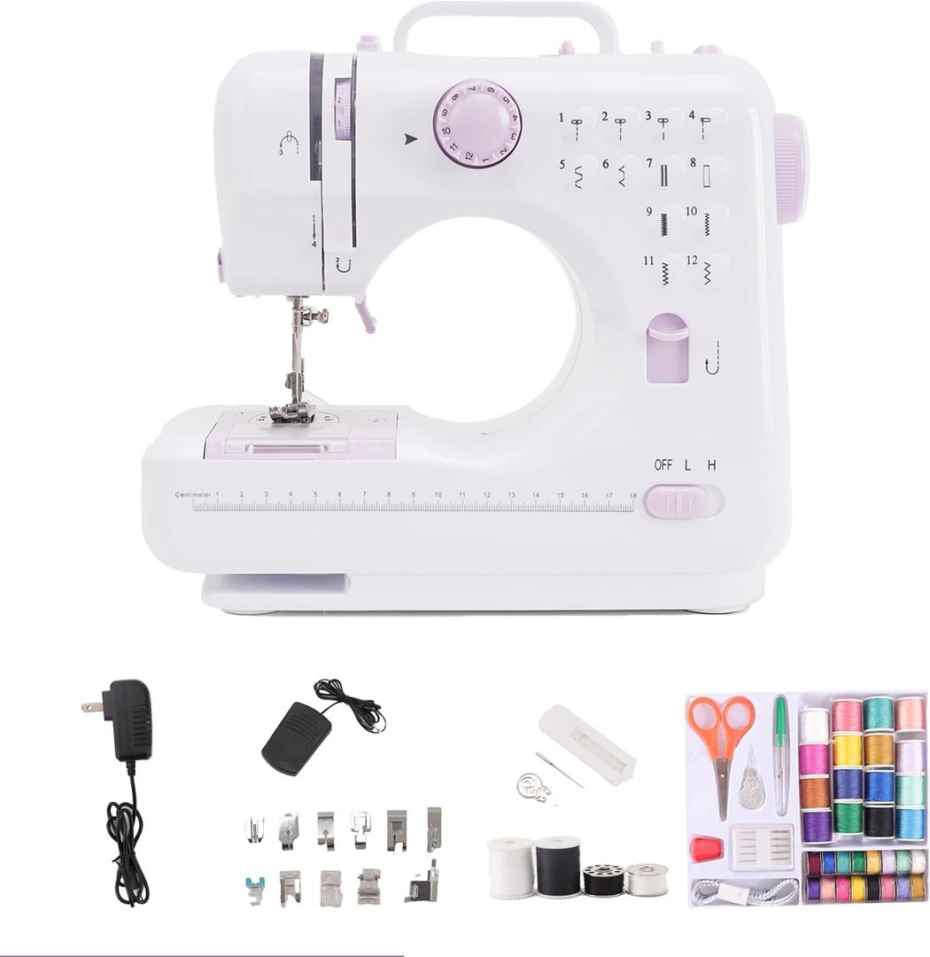 Compact Sewing Machine for Beginners, 12 Built-in Patterns, Lightweight with Reverse Function & Foot Control, for Handcrafting Clothes & Repairs505) (Purple)