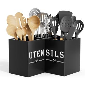 ZUJJAFY Utensil Holder for Kitchen Counter, Corner Kitchen Utensil Holder for Countertop with 3 Compartments, Wooden Cooking Utensil Organizer for Spatula Storage, Black