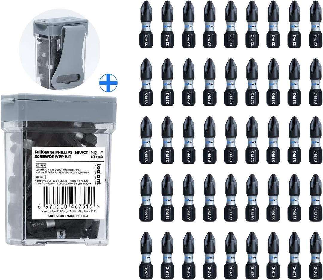 toolant 1 Inch Phillips Bit#2 Magnetic Anti Slip Impact Screwdriver Bits Set,45pcs Insert S2 Steel PH2 Driver Dit Set with CNC Machined Tips for Power Drill