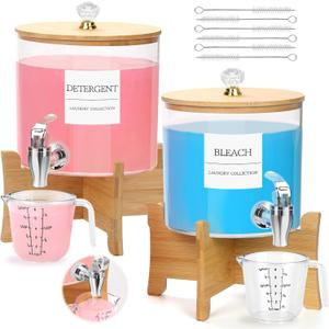 2Pcs Laundry Detergent Dispenser, Laundry Soap Dispenser with Stand, Faucets Acrylic Laundry Detergent Container for Laundry Room Liquid Detergent, Bleach, Fabric Softener Organization and Storage