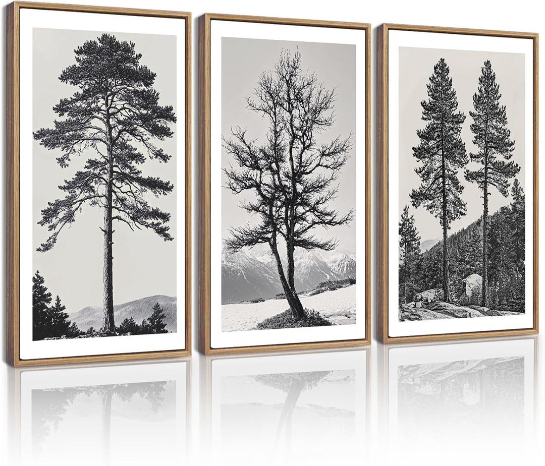 KUVIOKE Vintage Black Gray Forest Wall Art Framed Antique Retro Tree Prints Modern Rustic Artwork Bedroom Living Room Ready to Hang 16x24in (Natural Framed) (24L" x 16W" x 3 Panels Natural)