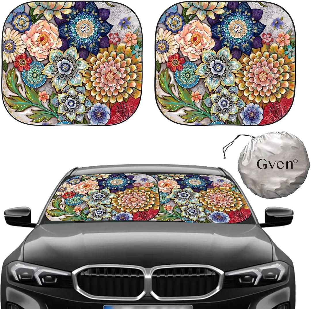 Gven Windshield Sun Shade for Car 2-Piece Foldable Sunshade for Front Windows, Blocks UV Rays, Automotive Interior Sun Protection Car Summer AccessoriesFloral,M