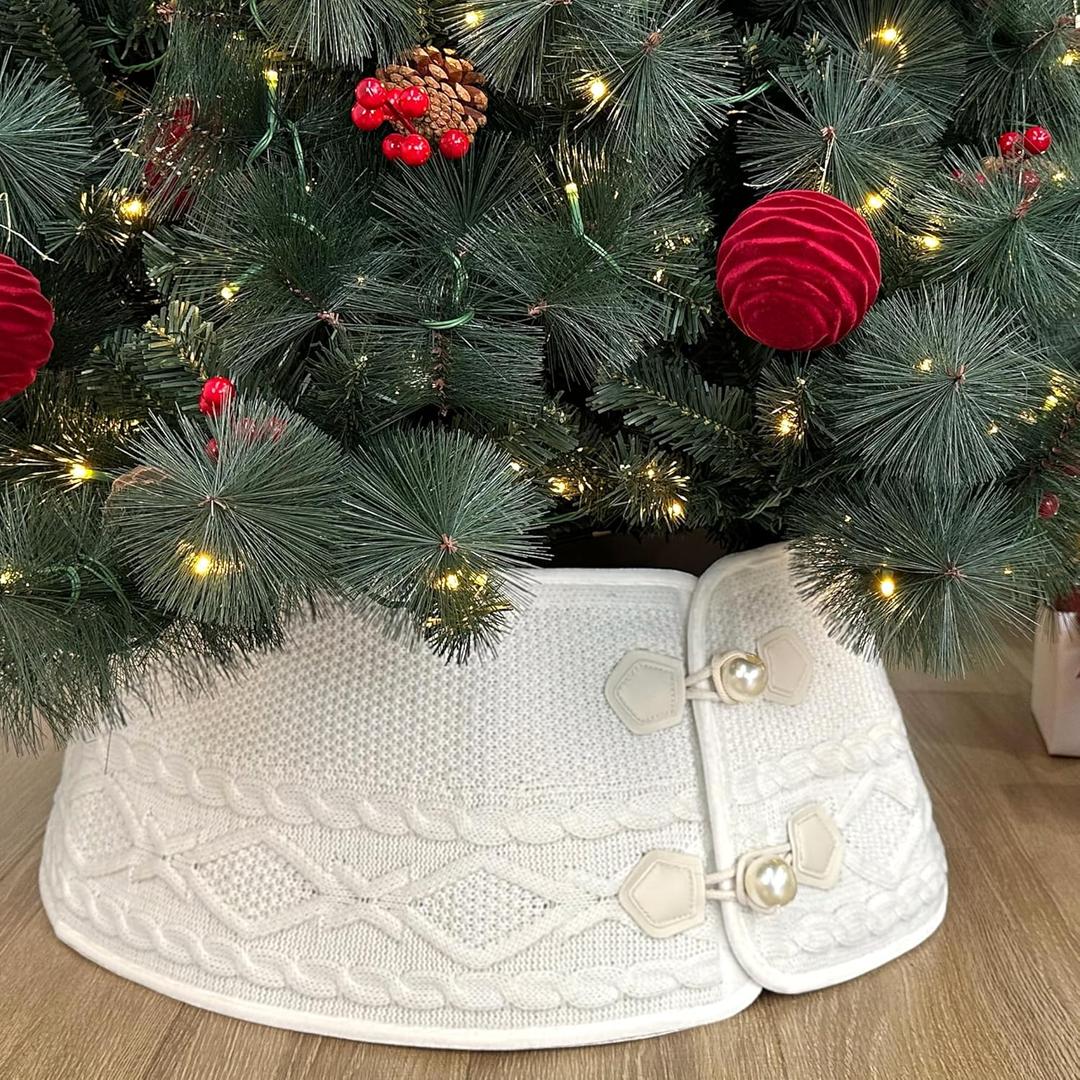 24-Inch Knit Christmas Tree Collar with Diamond Stitch, Faux Pearl Buttons, Foldable Tree Ring Cover for 57 ft Trees
