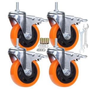 Heavy Duty Stem Caster Wheels M10-1.5X25mm Dual Locking No Noise PVC Threaded Stem Caster Wheels Pack of 4 for Workbench, Dolly, Furniture (4 Inch, Orange)