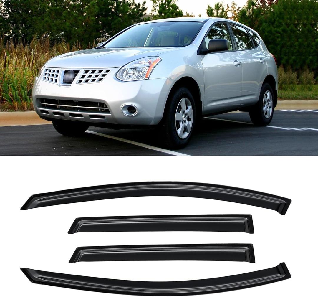 Rain Guards for 2009-2013 Nissan Rogue, Out-Channel Window Visor Shields Vent Deflector Shade Wind Dark Smoke for 2014-2015 Rogue Select SV SL S Krom 2010 2011 2012, Tape-On Outside-Mount, 4PCS