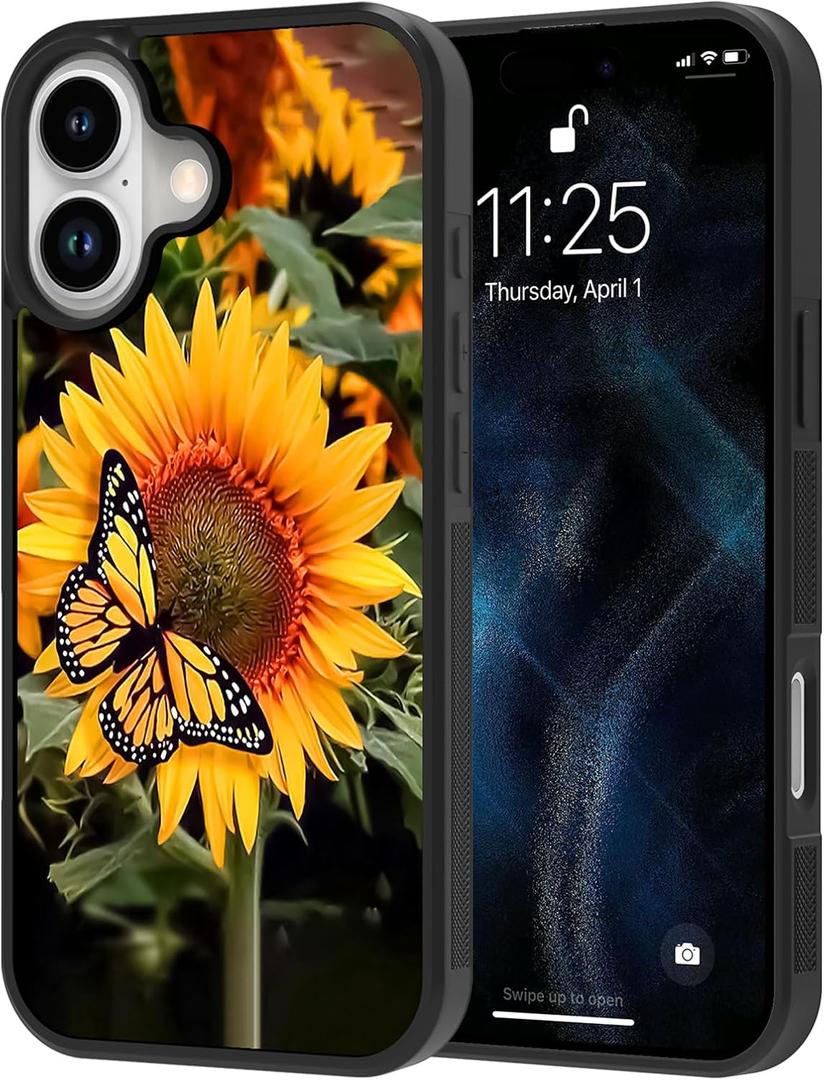 KANGHAR Floral Case for iPhone 17 Case Sunflower Butterfly Anti-Slip Drop Protection with Soft TPU Bumper Shockproof Protective Phone Cover for Women Girls