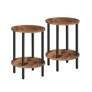 CHOEZON Side Table Set of 2, 2-Tier Round End Table, Small Nightstand with Sturdy Metal Tube, Industrial Coffee Table, for Living Room, Bedroom, Rustic Brown and Black TBZ01P2BF