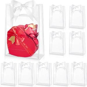 Ohuimrt 12 Pack Clear Plastic Gift Bags with Handles, Reusable Party Favor Bags with Ribbon for Birthday, Wedding, Bachelorette Party, 10.2 x 7.1 x 3.1 Inch (White)