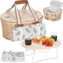 Picnic Basket Set for 2 - Wicker Insulated Picnic Basket with Waterproof Blanket, Folding Wine Picnic Table & Cutlery Kits, Picnic Baskets Kit for Camping, Outdoor, Valentine (Leaf)