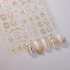 5D Embossed Flower Nail Art Stickers Irregular Geometric Gold Frame Nail Decals Self-Adhesive Nail Art Decals DIY Nail Acrylic Stickers Supplies Decorations for Women (1 Sheet)