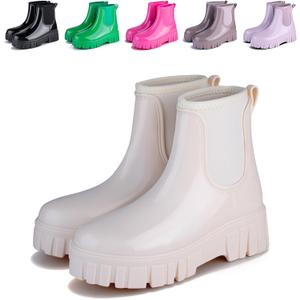 Womens Rain Boots Ankle Waterproof Garden Shoes Fashion Wellington Rubber Rainboots Slip-Resistant Work Shoes for Outdoor Work (9, White)