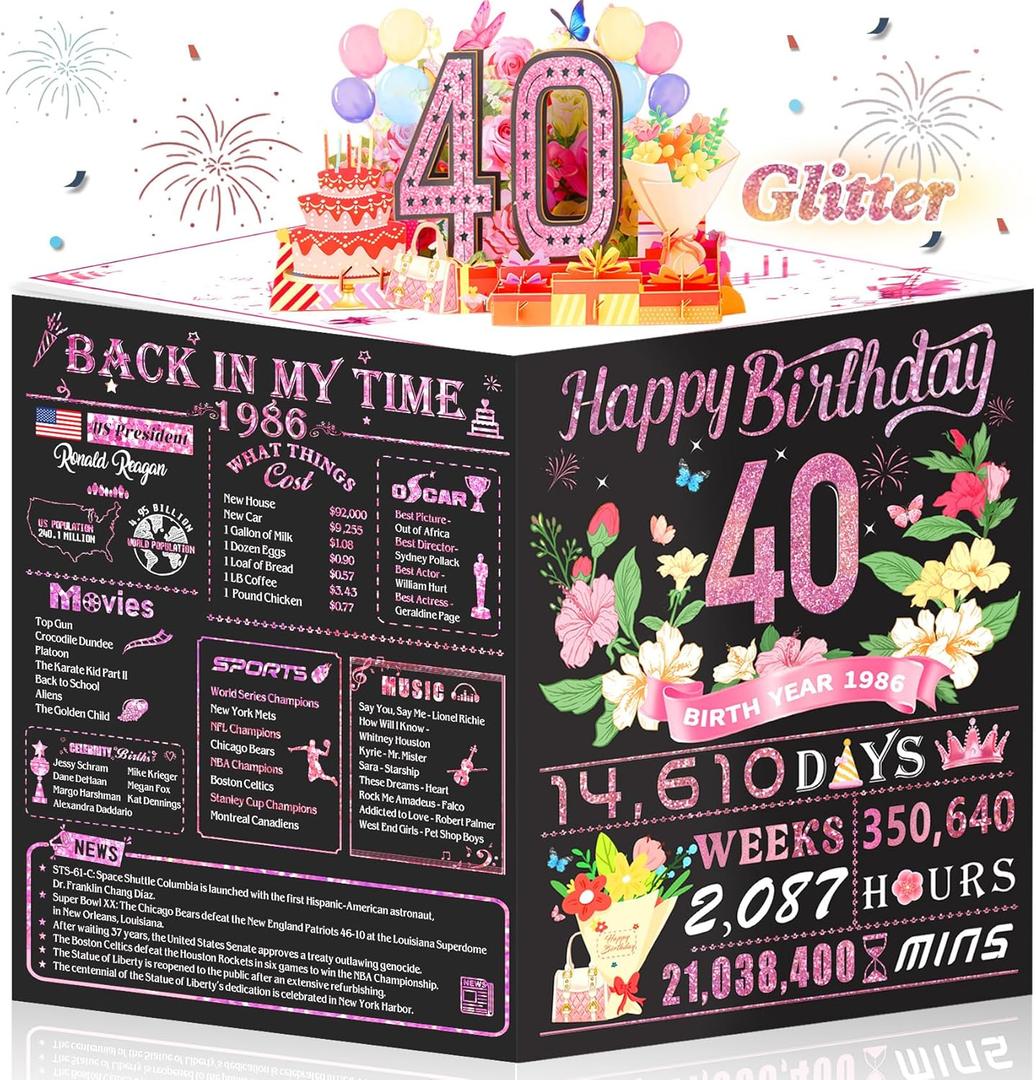 40th Birthday Card for Women,Jumbo Pop Up 40th Birthday Cards for Her Friend,Back In 1986 Happy 40 Year Old Birthday Decorations for Wife Daughter Mom Funny Birthday Gifts,Rose Gold