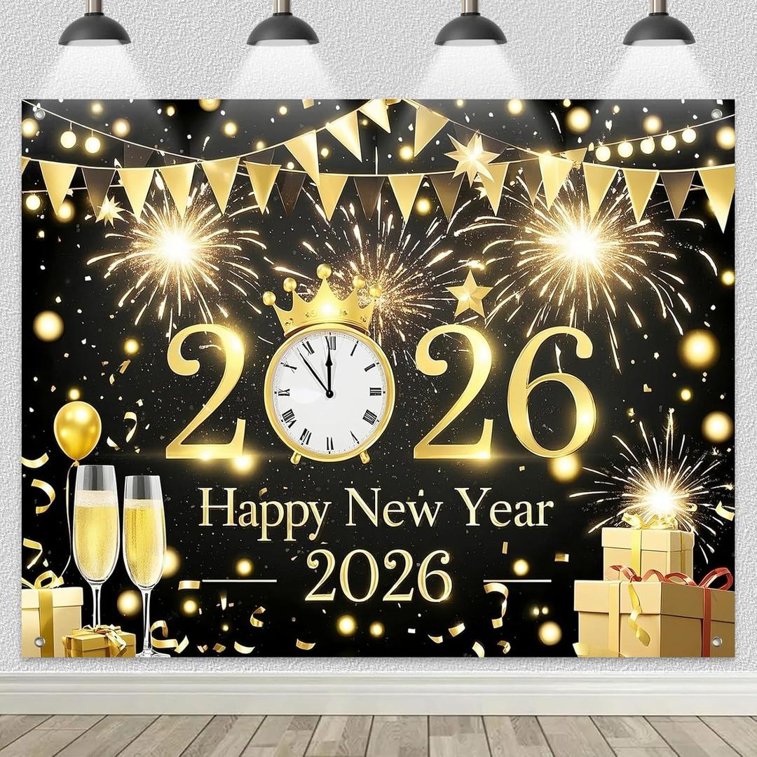 Black Gold Happy New Year 2026 Backdrop Banner 8x6ft Fireworks Clock Champagne Banner Golden Party Decoration Photography Background for Indoor Outdoor Celebration