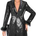 Women Sequin Jacket Long Sleeved Slim Blazer with Pocket, L, Black
